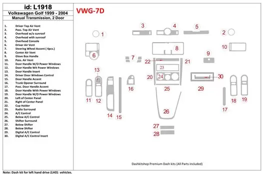 Volkswagen Golf 1999-2004 2 Des portes, Avec lueur-boîte, 26 Parts set BD Kit la décoration du tableau de bord - 1 - habillage d