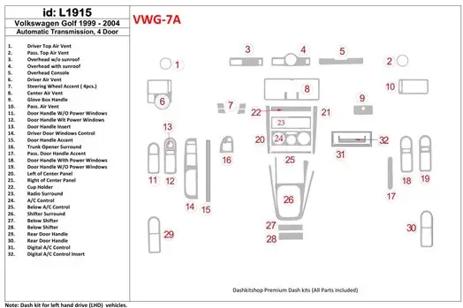 Volkswagen Golf 1999-2004 4 Doors, Automatic Gear Cruscotto BD Rivestimenti interni