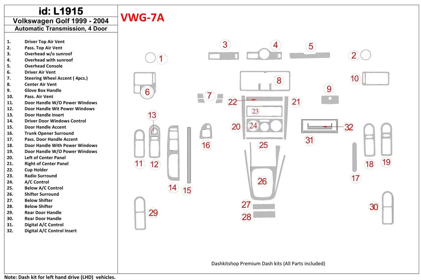 Volkswagen Golf 1999-2004 4 Des portes, Boîte automatique BD Kit la décoration du tableau de bord - 1 - habillage decor de table