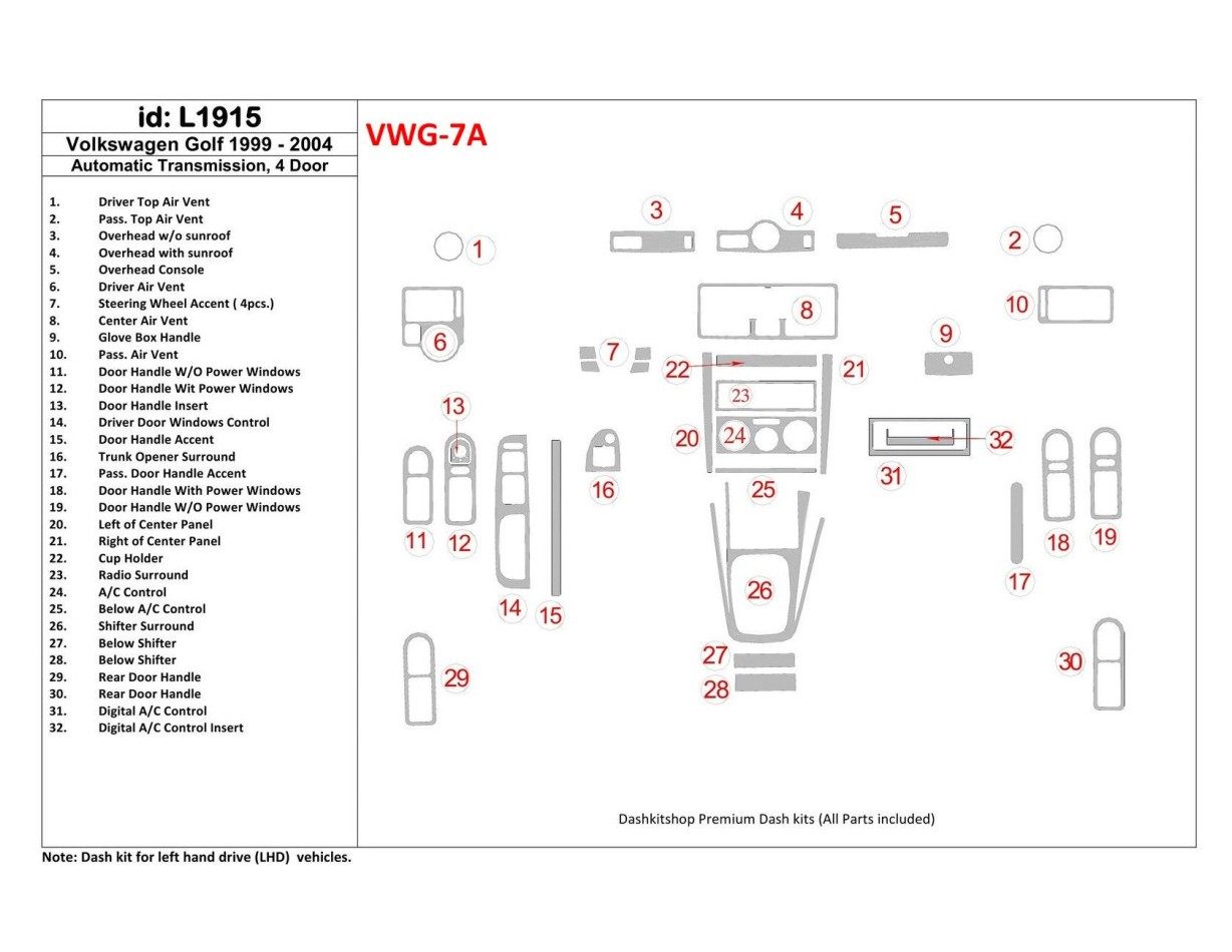 Volkswagen Golf 1999-2004 4 Doors, Automatic Gear BD Interieur Dashboard Bekleding Volhouder