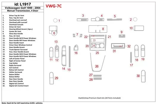 Volkswagen Golf 1999-2004 4 Doors, Manual Gear Box BD innenausstattung armaturendekor cockpit dekor - 1- Cockpit Dekor Innenraum