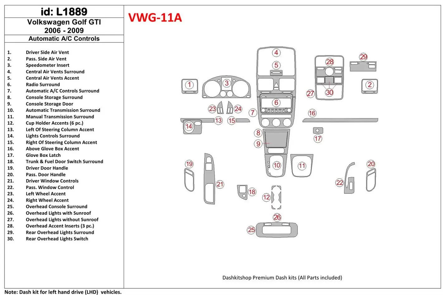 Volkswagen Golf V GTI 2006-UP Automatic Gearbox A/C Control BD Interieur Dashboard Bekleding Volhouder