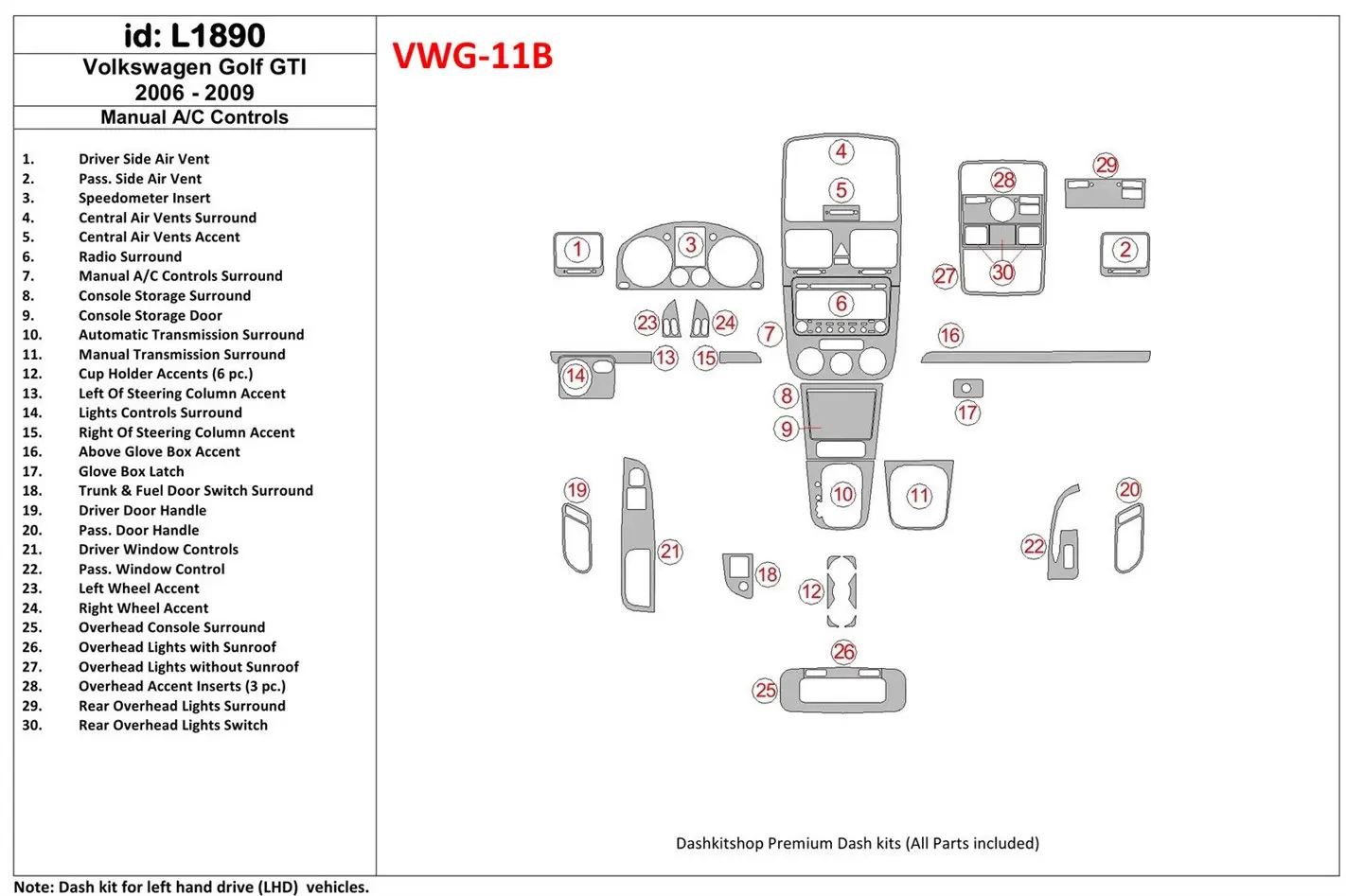 Volkswagen Golf V GTI 2006-UP boîte manuellebox A/C Control BD Kit la décoration du tableau de bord - 1 - habillage decor de tab