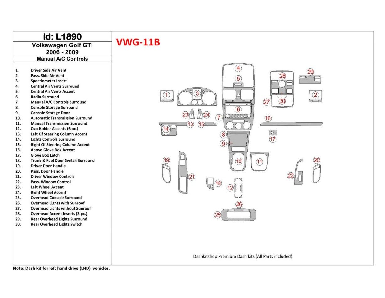 Volkswagen Golf V GTI 2006-UP Manual Gearbox A/C Control BD Interieur Dashboard Bekleding Volhouder