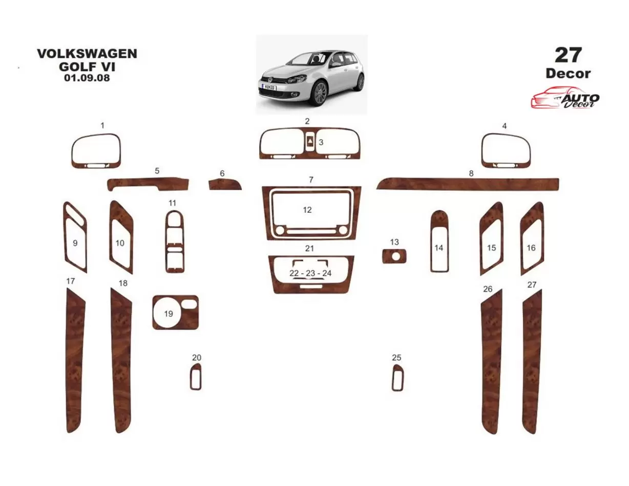 Volkswagen Golf VI 2008 Kit la décoration du tableau de bord 27-Pièce - 1 - habillage decor de tableau de bord