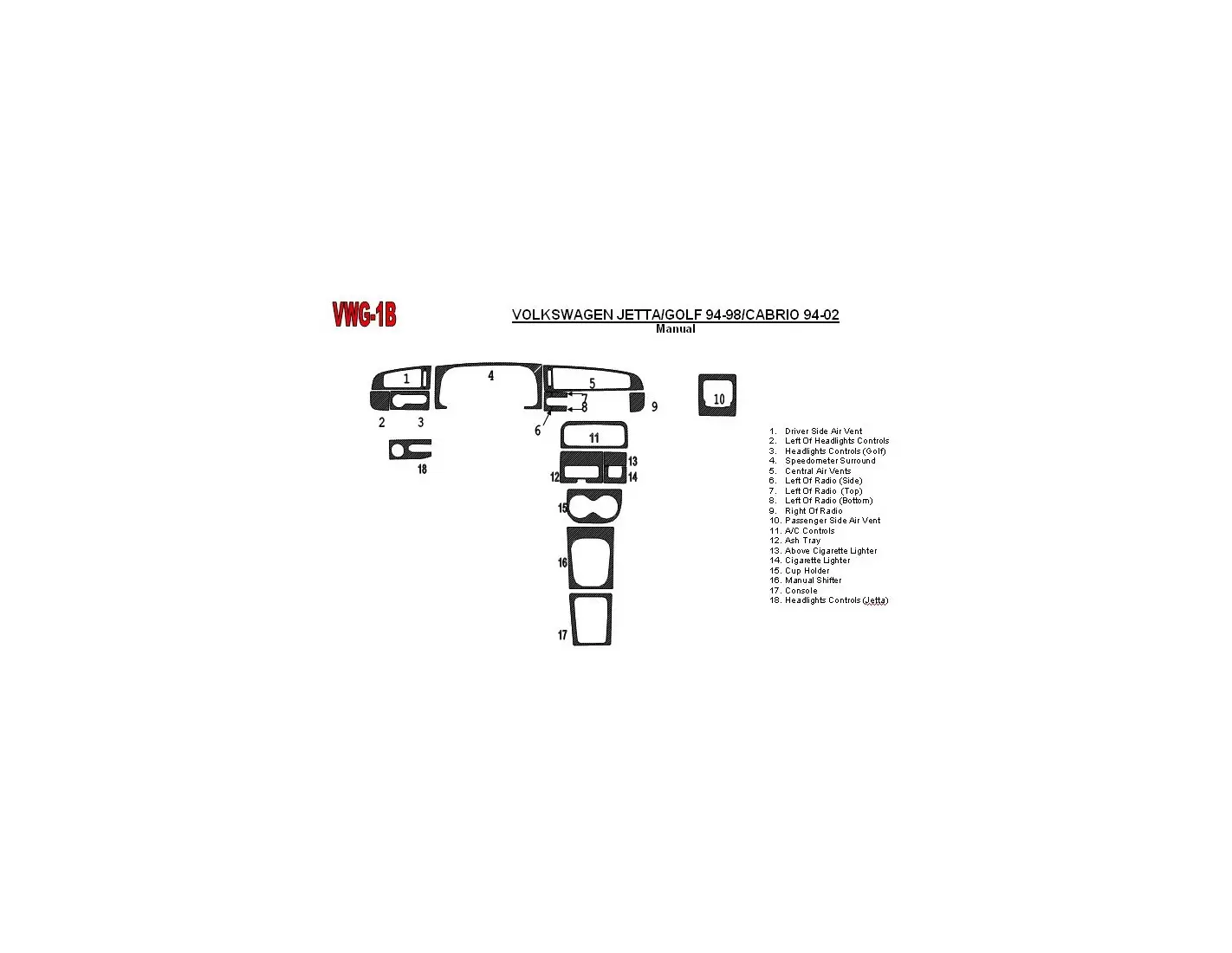 Volkswagen Jetta 1994-1998 Manual Gearbox, 18 Parts set BD innenausstattung armaturendekor cockpit dekor - 1- Cockpit Dekor Inne