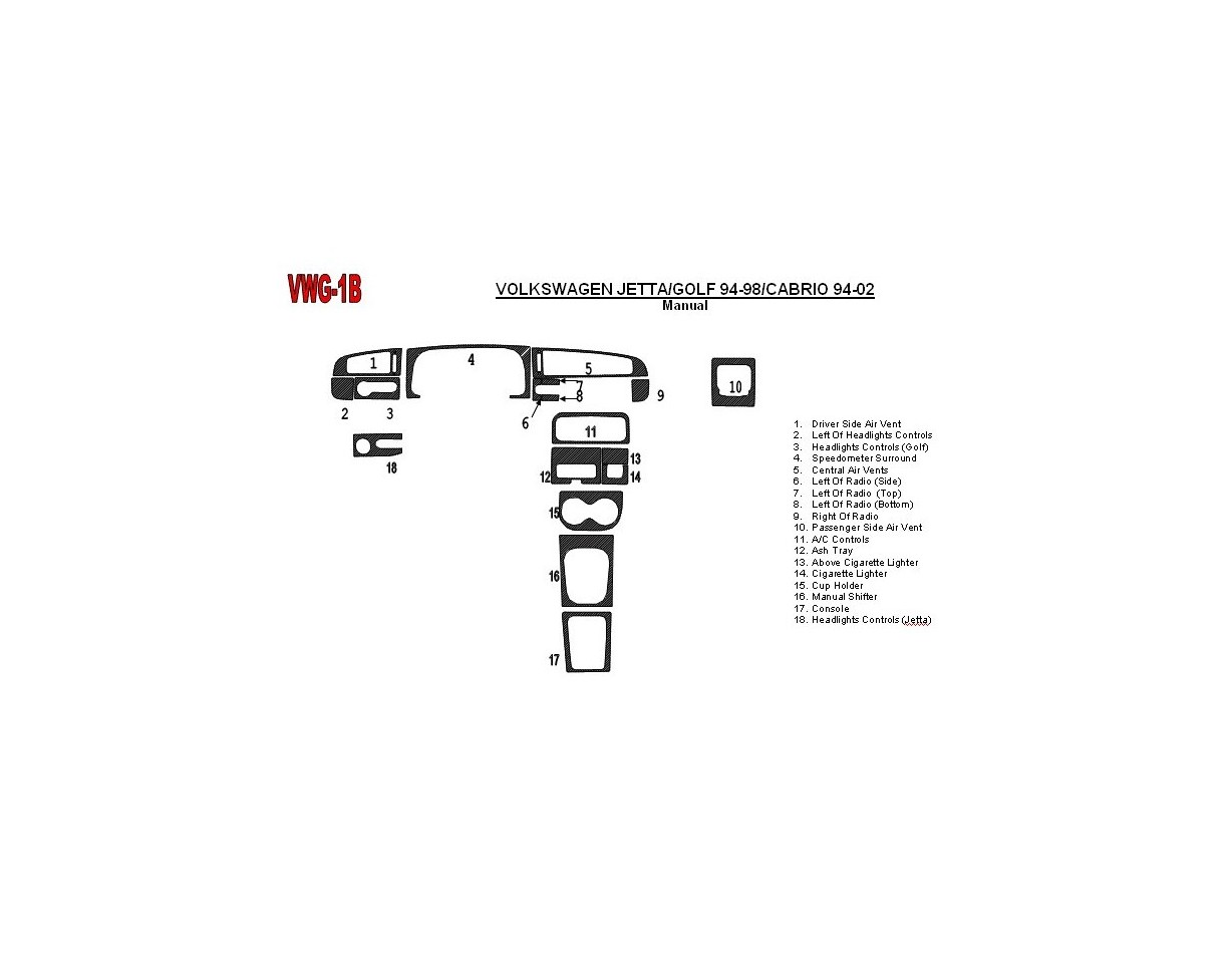 Volkswagen Jetta 1994-1998 Manual Gearbox, 18 Parts set Interior BD Dash Trim Kit