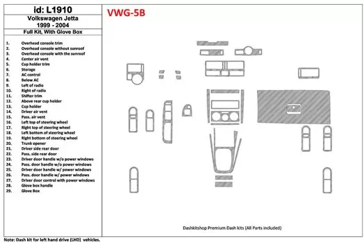 Volkswagen Jetta 1999-2004 Ensemble Complet, Avec lueur-boîte, 29 Parts set BD Kit la décoration du tableau de bord - 1 - habill