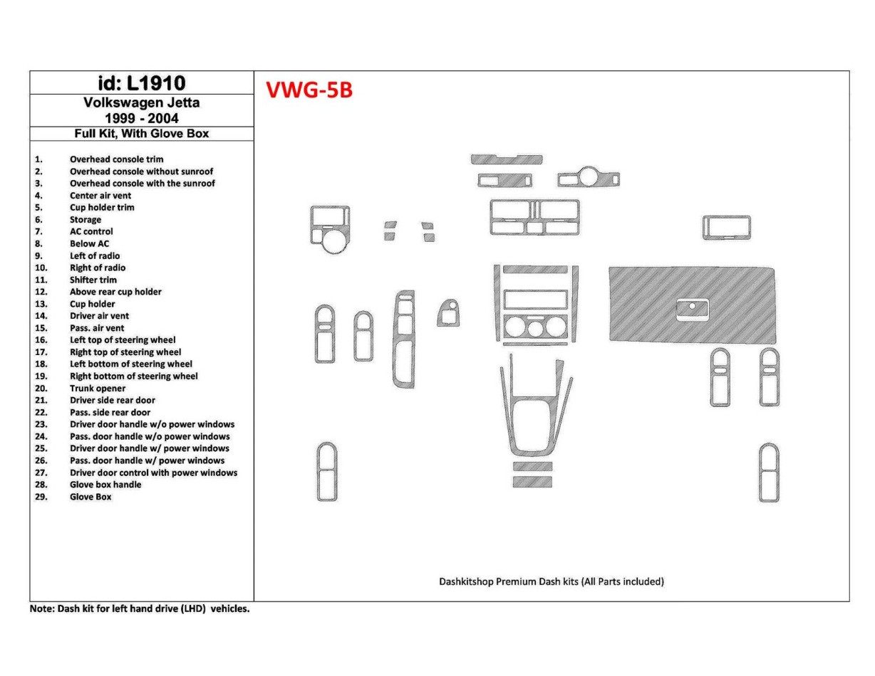 Volkswagen Jetta 1999-2004 Ensemble Complet, Avec lueur-boîte, 29 Parts set BD Kit la décoration du tableau de bord - 1 - habill