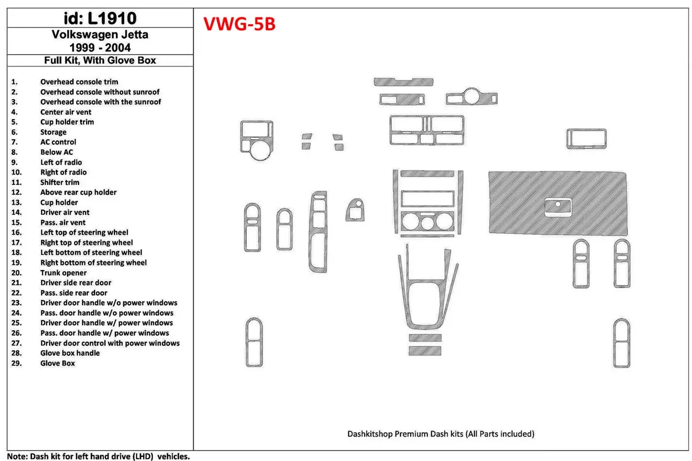 Volkswagen Jetta 1999-2004 Full Set, with glowe-box, 29 Parts set BD Interieur Dashboard Bekleding Volhouder