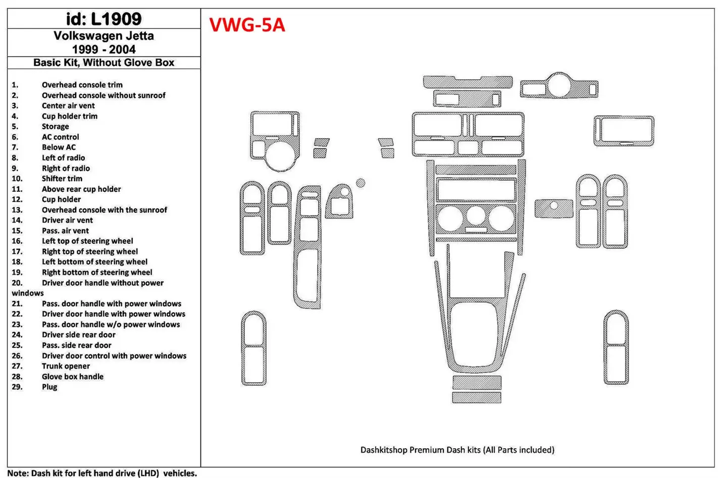 Volkswagen Jetta 1999-2004 Voll Satz, Without glowe-box, 28 Parts set BD innenausstattung armaturendekor cockpit dekor - 1- Cock