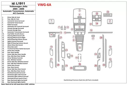 Volkswagen Jetta 2005-2009 Automatic Gear, Auto AC Control Interior BD Dash Trim Kit