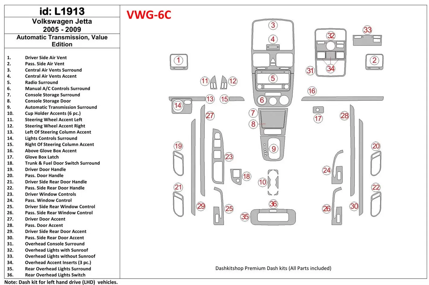 Volkswagen Jetta 2005-2009 Boîte automatique, Value Edition BD Kit la décoration du tableau de bord - 1 - habillage decor de tab