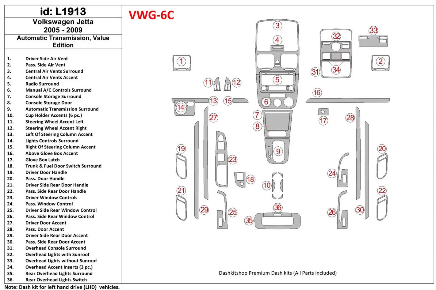 Volkswagen Jetta 2005-2009 Automatic Gear, Value Edition Interior BD Dash Trim Kit