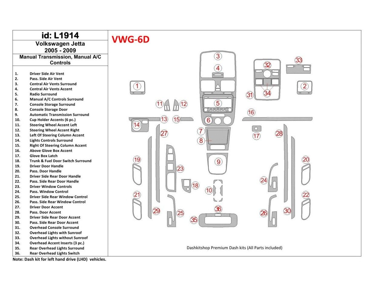 Volkswagen Jetta 2005-2009 МКПП, Aircondition BD Interieur Dashboard Bekleding Volhouder