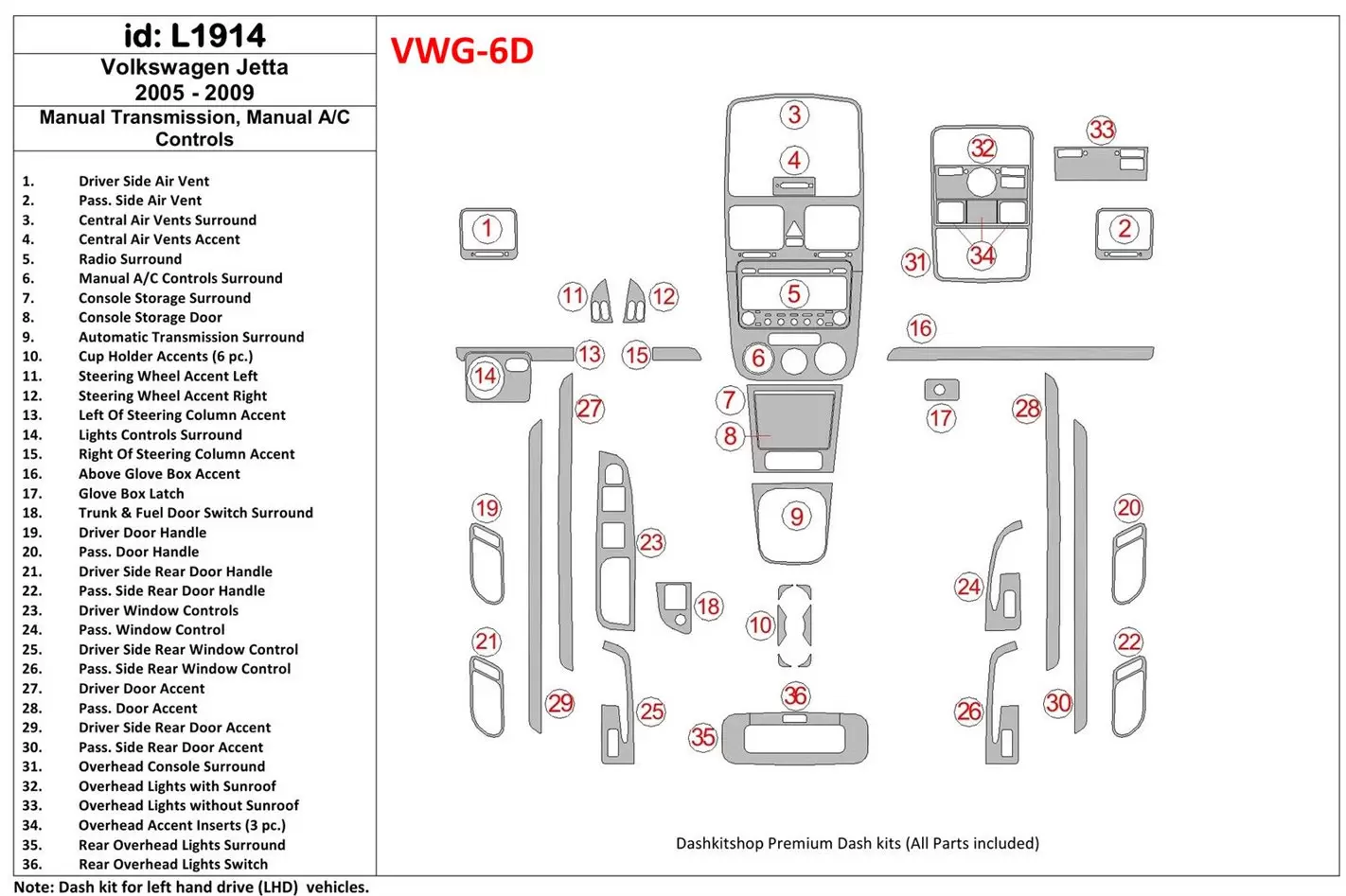 Volkswagen Jetta 2005-2009 Manual Trans, Aircondition BD innenausstattung armaturendekor cockpit dekor - 1- Cockpit Dekor Innenr