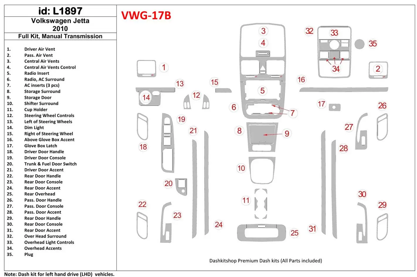 Volkswagen Jetta 2010-2010 Full Set, Manual Gear Box Cruscotto BD Rivestimenti interni