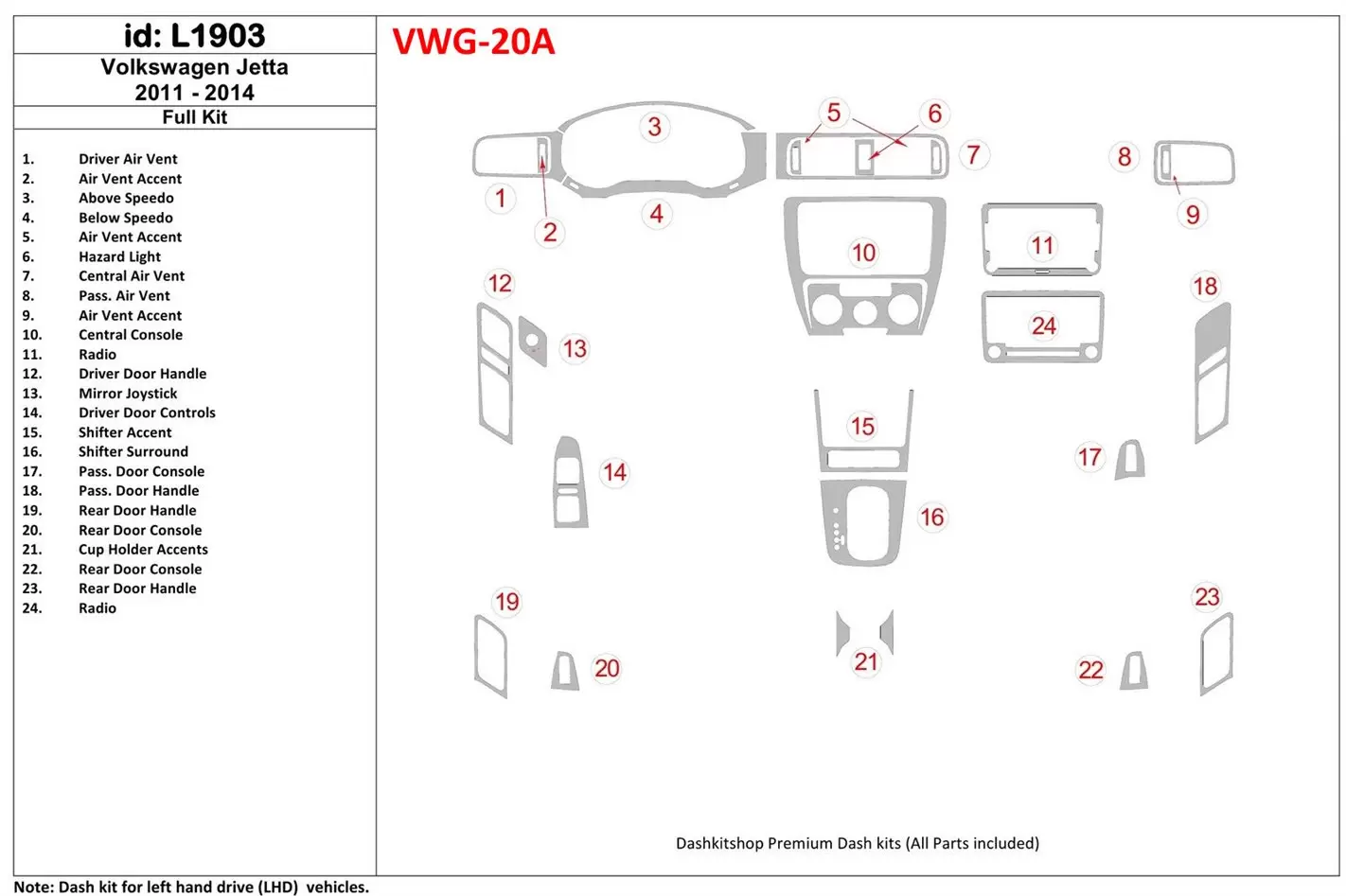 Volkswagen Jetta 2011-UP Full Set, Without NAVI BD Interieur Dashboard Bekleding Volhouder