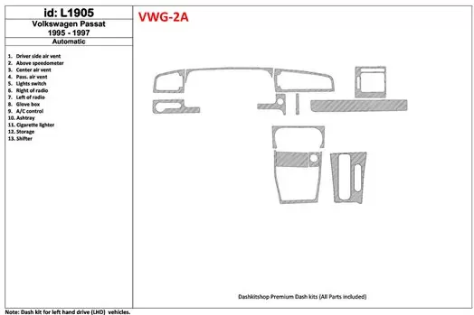 Volkswagen Passat 1995-1997 Automatic Gearbox, 11 Parts set Cruscotto BD Rivestimenti interni