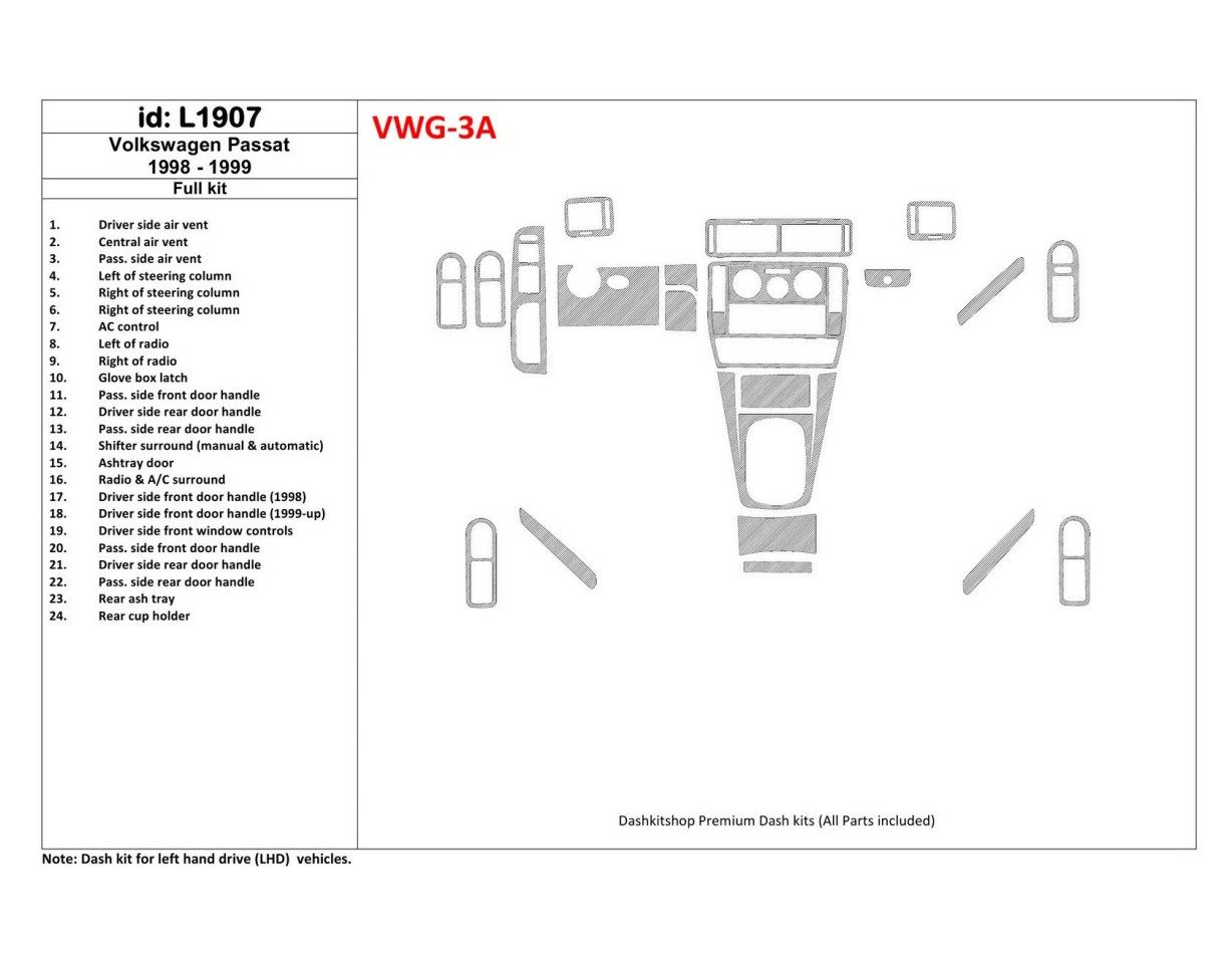Volkswagen Passat 1998-1999 Voll Satz, 24 Parts set BD innenausstattung armaturendekor cockpit dekor - 1- Cockpit Dekor Innenrau