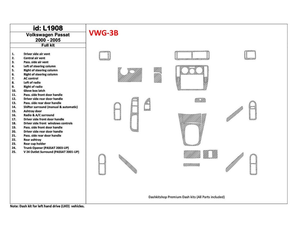 Volkswagen Passat 2000-2005 Full Set, 24 Parts set BD Interieur Dashboard Bekleding Volhouder