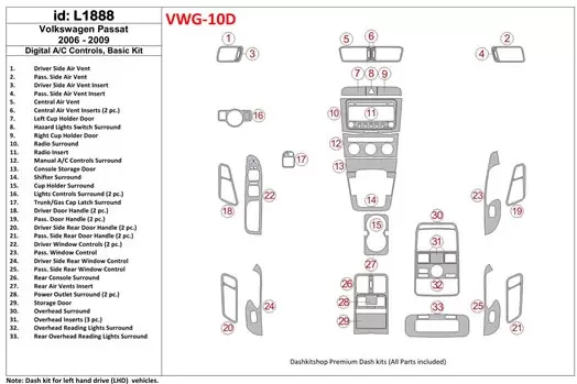 Volkswagen Passat 2006-2009 Automatic AC, Basic Set Cruscotto BD Rivestimenti interni