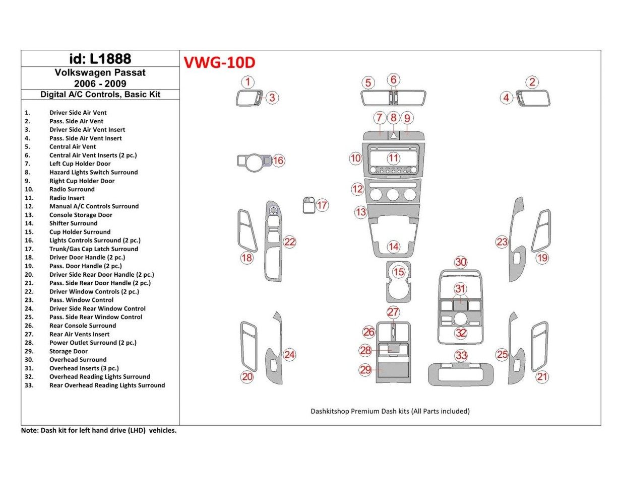 Volkswagen Passat 2006-2009 Automatic AC, Basic Set Interior BD Dash Trim Kit