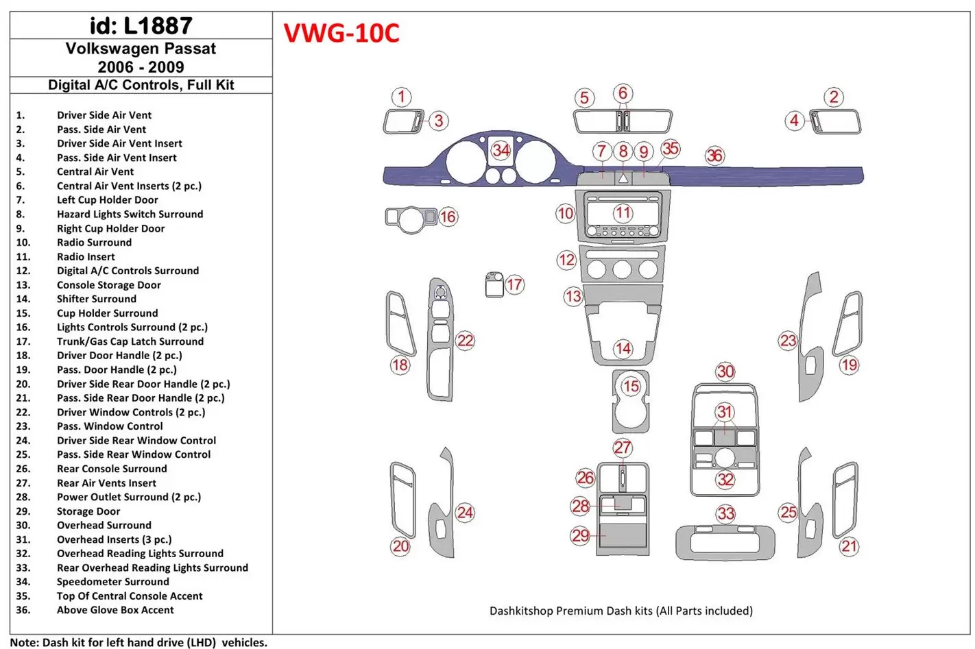 Volkswagen Passat 2006-2009 Full Set, Automatic AC Control Cruscotto BD Rivestimenti interni