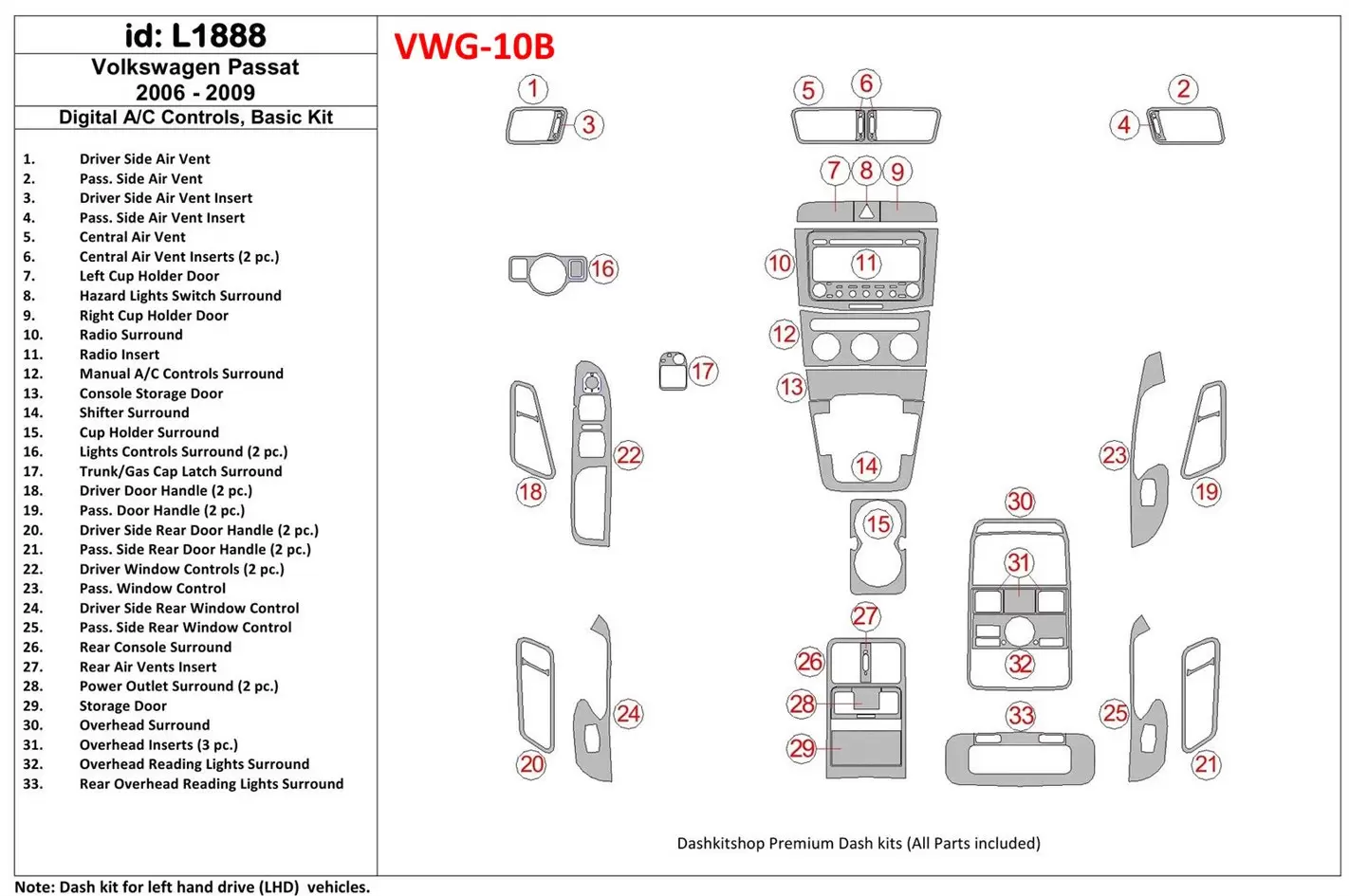 Volkswagen Passat 2006-2009 Manual Gearbox AC Controls, Basic Set Cruscotto BD Rivestimenti interni