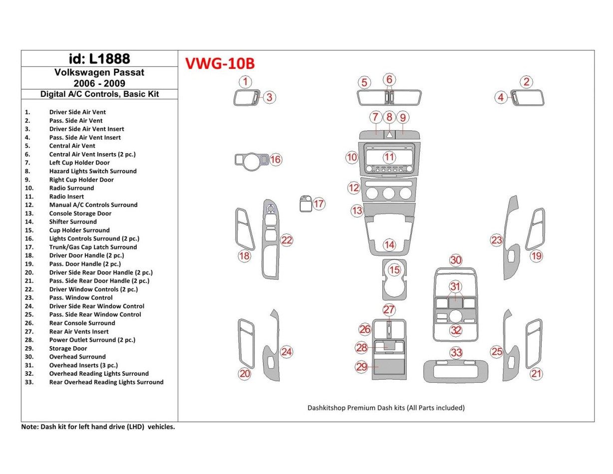Volkswagen Passat 2006-2009 boîte manuellebox AC Controls, Paquet de base BD Kit la décoration du tableau de bord - 1 - habillag