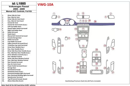 Volkswagen Passat 2006-2009 boîte manuellebox AC Controls, Ensemble Complet BD Kit la décoration du tableau de bord - 1 - habill