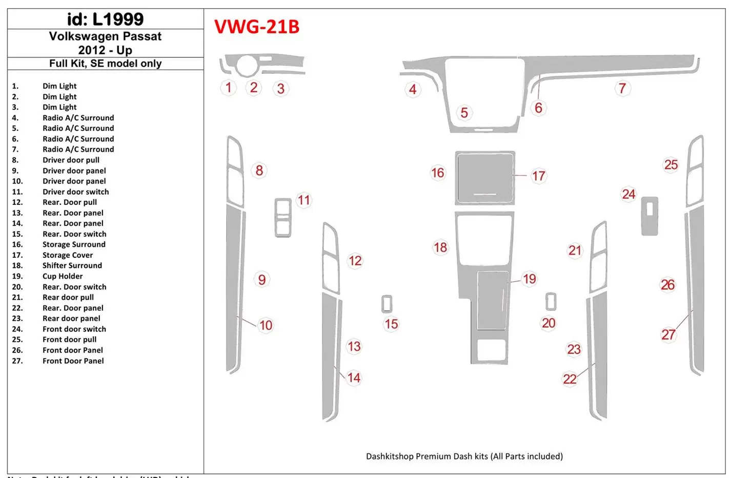 Volkswagen Passat B7 2012-UP SE Model BD Interieur Dashboard Bekleding Volhouder