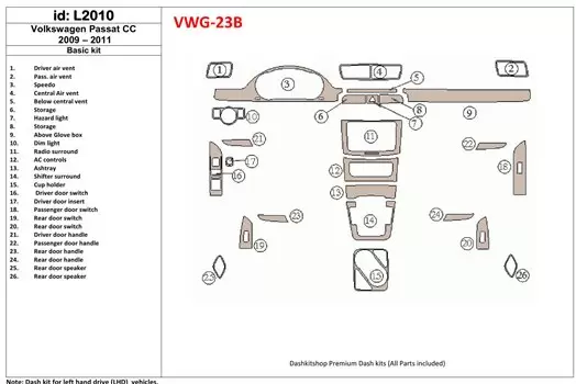 Volkswagen Passat CC 2009-2011 Paquet de base BD Kit la décoration du tableau de bord - 1 - habillage decor de tableau de bord