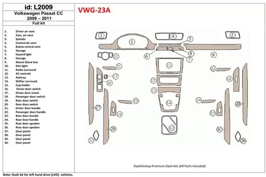 Volkswagen Passat CC 2009-2011 Full Set Cruscotto BD Rivestimenti interni