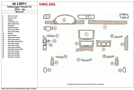 Volkswagen Passat CC 2012-UP Basic Set Cruscotto BD Rivestimenti interni