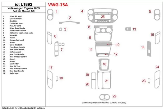 Volkswagen Tiguan 2009-2009 Ensemble Complet, boîte manuellebox AC BD Kit la décoration du tableau de bord - 1 - habillage decor