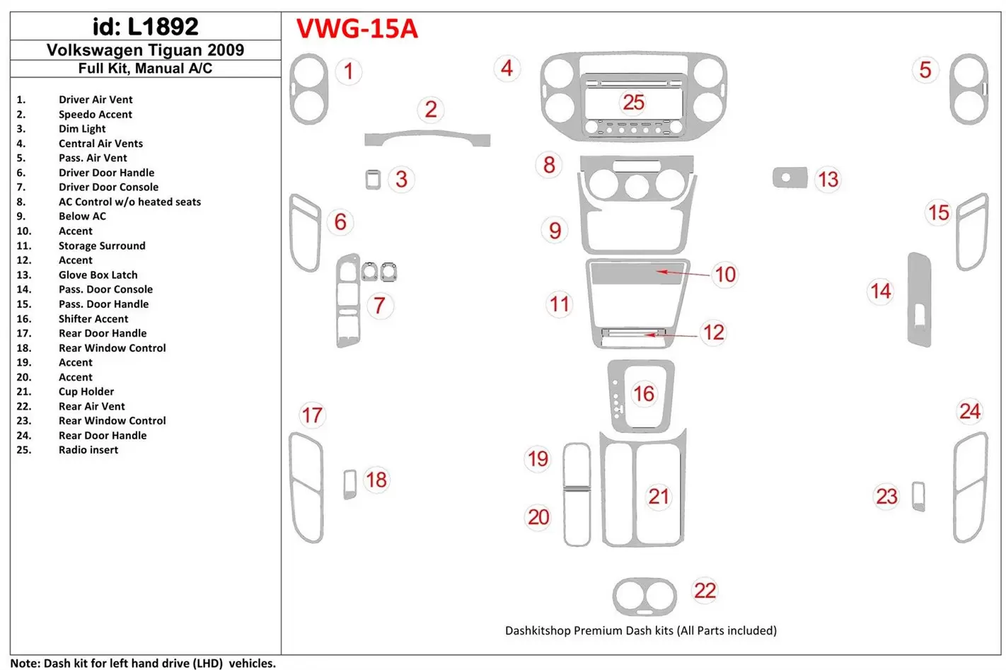 Volkswagen Tiguan 2009-2009 Ensemble Complet, boîte manuellebox AC BD Kit la décoration du tableau de bord - 1 - habillage decor