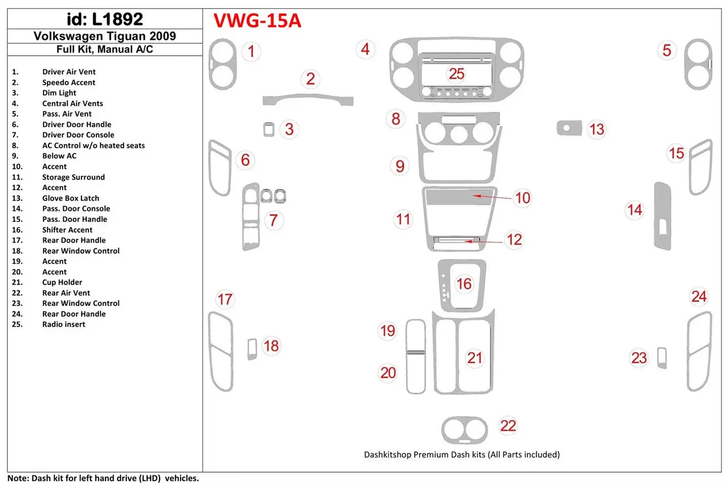 Volkswagen Tiguan 2009-2009 Full Set, Manual Gearbox AC Interior BD Dash Trim Kit