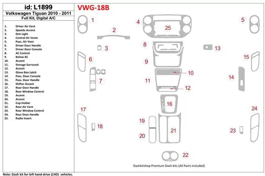 Volkswagen Tiguan 2010-UP Full Set, Automatic AC Control BD Interieur Dashboard Bekleding Volhouder