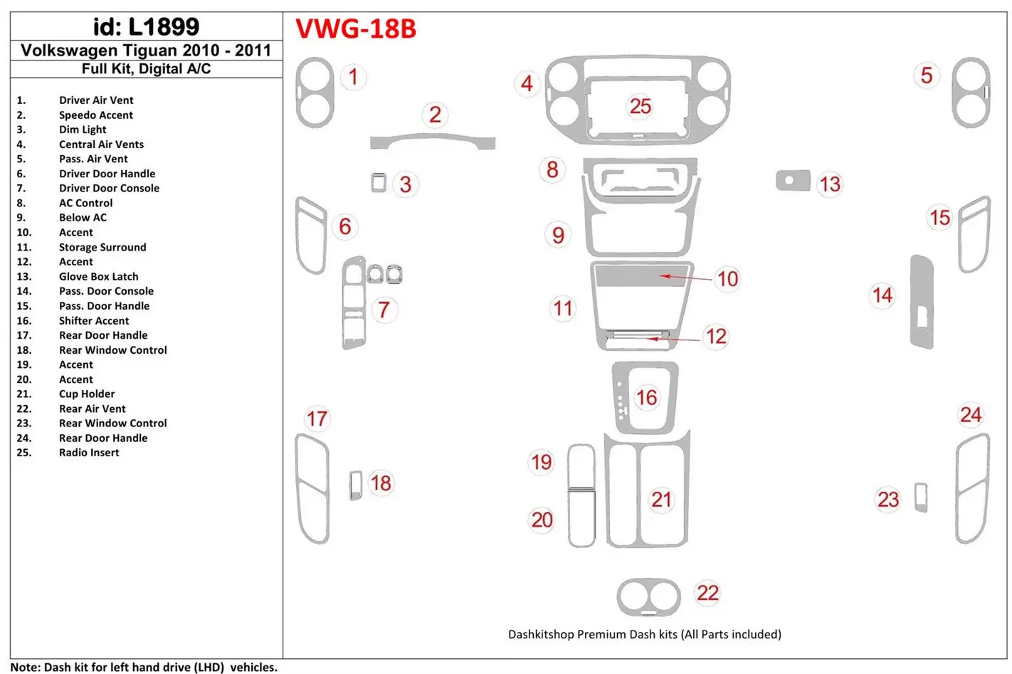 Volkswagen Tiguan 2010-UP Ensemble Complet, Contrôle Aut la climatisation BD Kit la décoration du tableau de bord - 1 - habillag