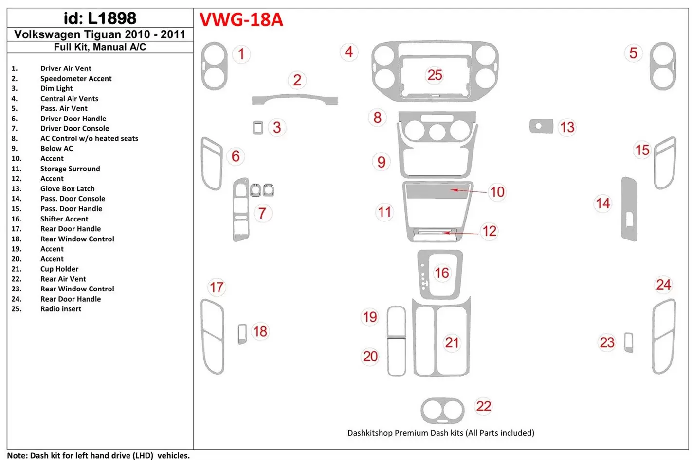 Volkswagen Tiguan 2010-UP Voll Satz, Manual Gearbox AC Control BD innenausstattung armaturendekor cockpit dekor - 1- Cockpit Dek