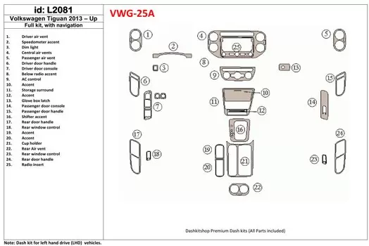 Volkswagen Tiguan 2013-UP Voll Satz, With NAVI BD innenausstattung armaturendekor cockpit dekor - 1- Cockpit Dekor Innenraum