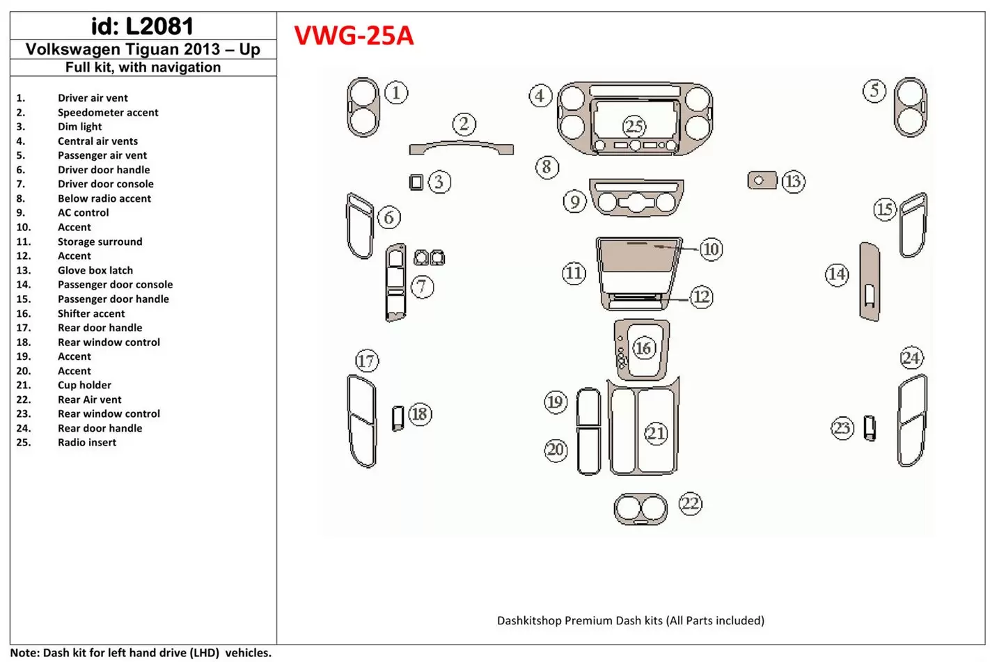 Volkswagen Tiguan 2013-UP Full Set, With NAVI Cruscotto BD Rivestimenti interni