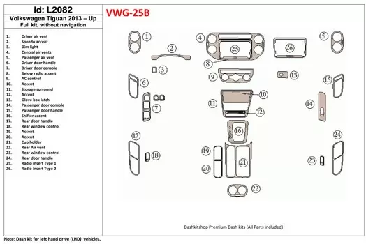 Volkswagen Tiguan 2013-UP Full Set, Without NAVI Interior BD Dash Trim Kit