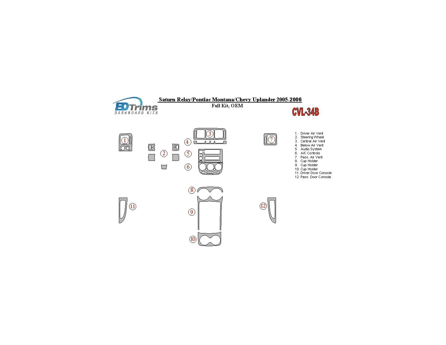 Chevrolet Uplander 2005-UP Voll Satz, OEM BD innenausstattung armaturendekor cockpit dekor - 1- Cockpit Dekor Innenraum