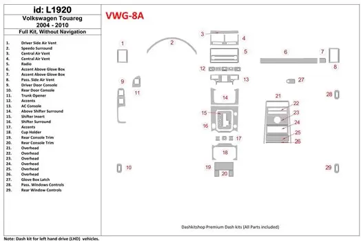 Volkswagen Touareg 2004-UP Ensemble Complet, Sans NAVI BD Kit la décoration du tableau de bord - 1 - habillage decor de tableau 