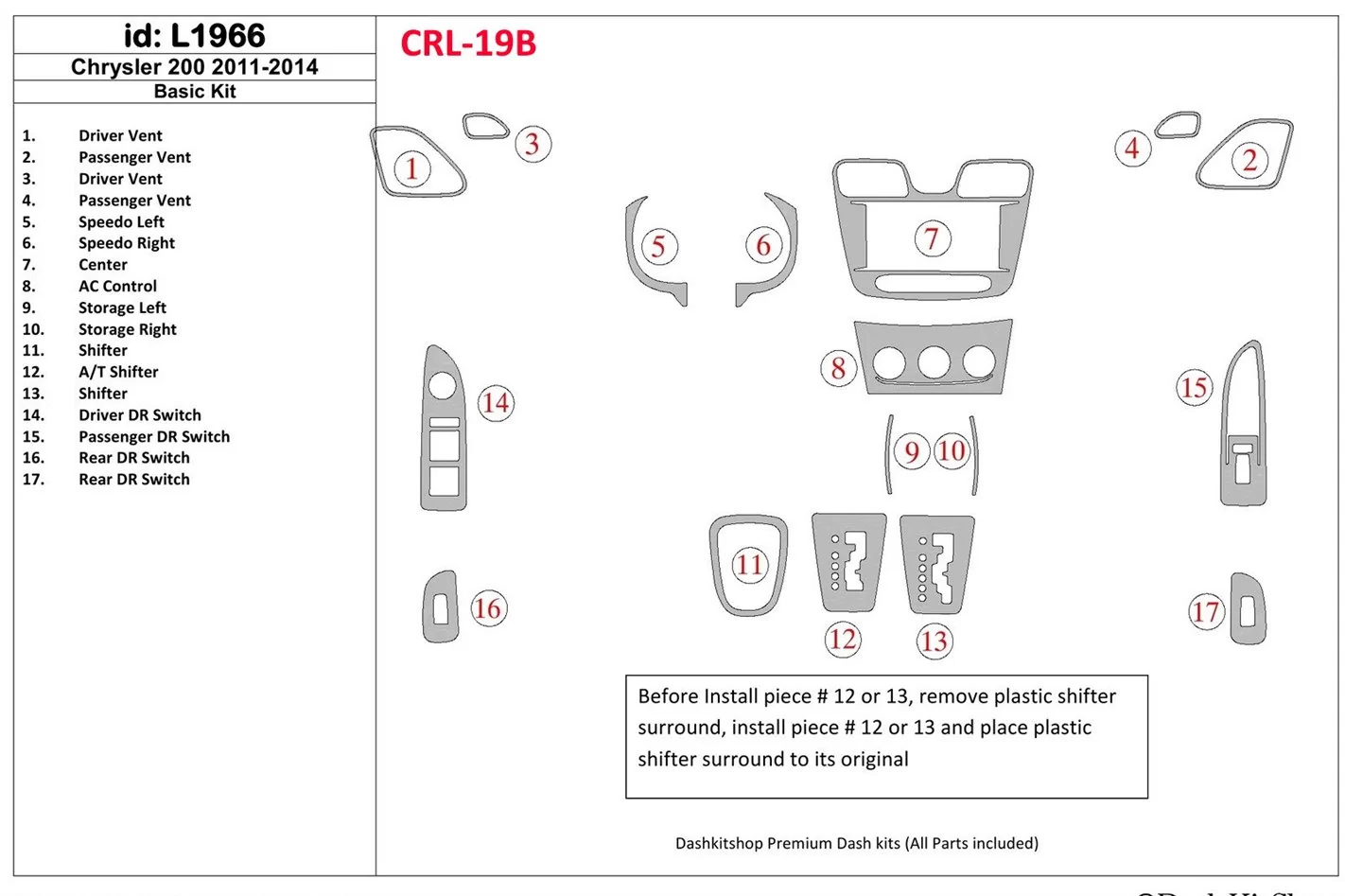 Chrysler 200 2011-UP Basic Set Cruscotto BD Rivestimenti interni