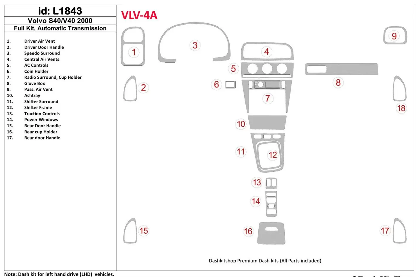 Volvo S40 2000-2000 Voll Satz, Automatic Gear BD innenausstattung armaturendekor cockpit dekor - 1- Cockpit Dekor Innenraum