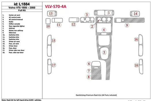 Volvo S70 1998-2000 Ensemble Complet, 18 Parts set BD Kit la décoration du tableau de bord - 1 - habillage decor de tableau de b