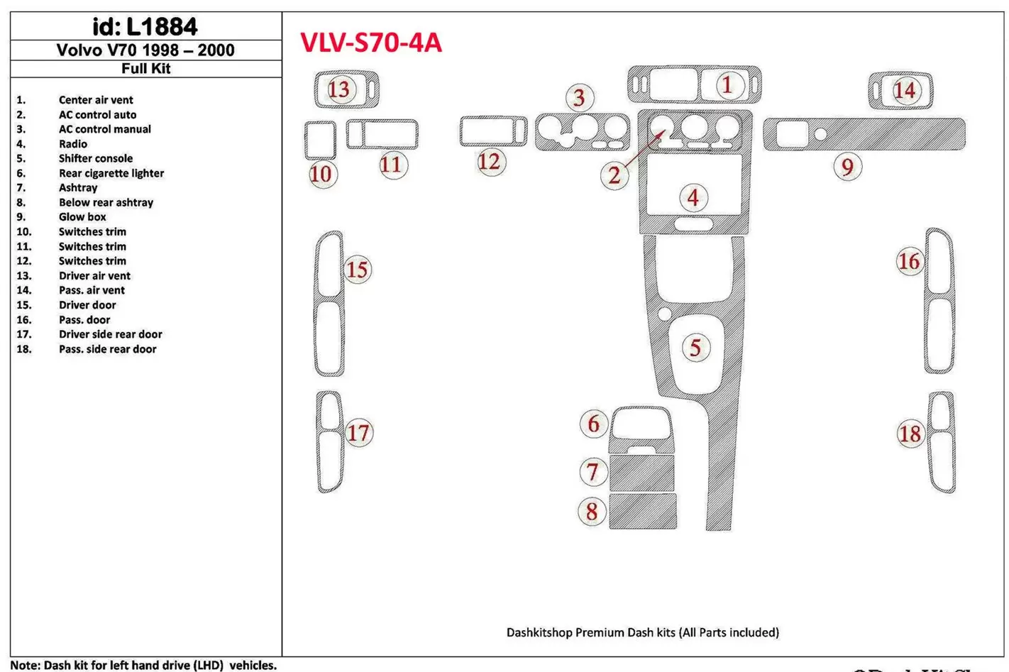 Volvo S70 1998-2000 Full Set, 18 Parts set BD Interieur Dashboard Bekleding Volhouder